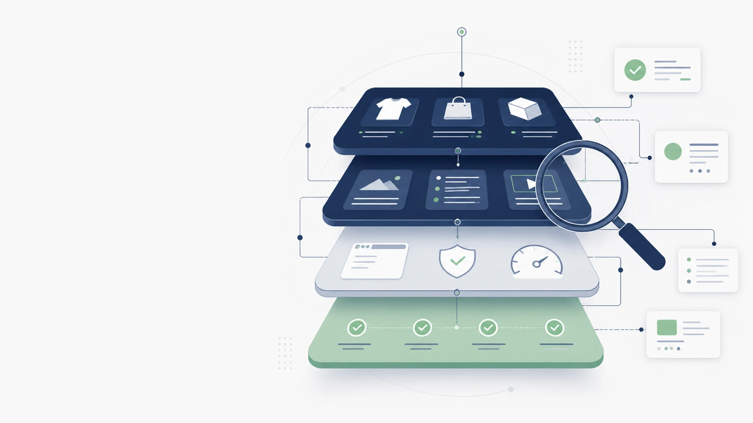 Abstrakte Darstellung eines GEO Audits für einen Shopware Shop mit den Ebenen Produktdaten, Inhalte, technische Signale und Maßnahmenplan.