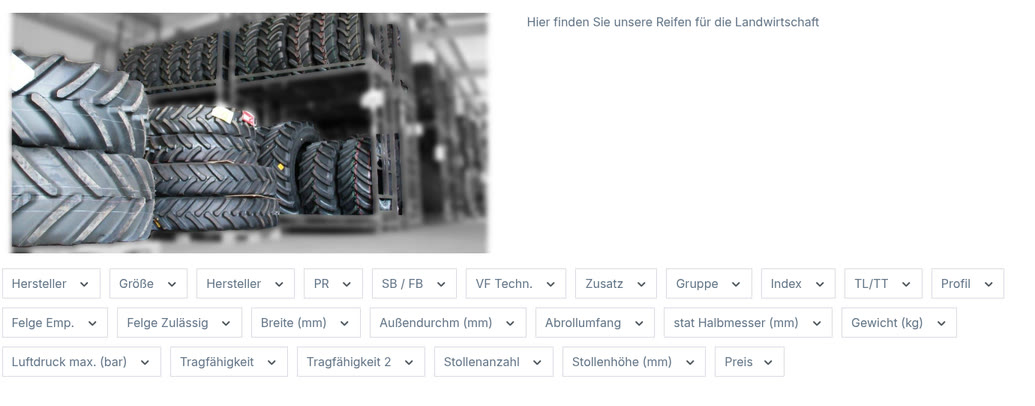 Öffentliche Reifenkategorie mit Filterfeldern im Shop von Reifenzentrum Watzka, Desktopausschnitt