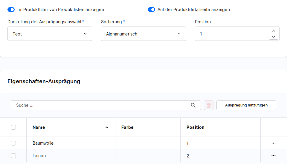 Aktivierte Anzeige im Produktfilter und die Eigenschaftsausprägungen Baumwolle und Leinen.