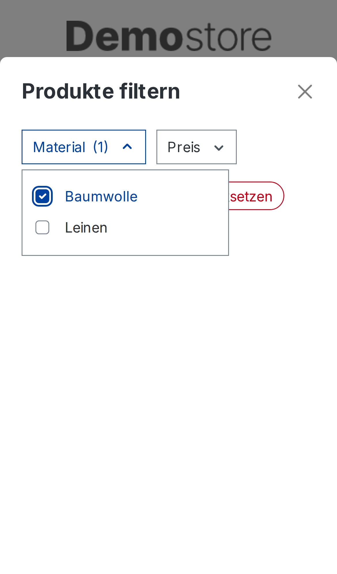 Mobiles Filterpanel mit ausgewählter Baumwolle und nicht ausgewähltem Leinen.