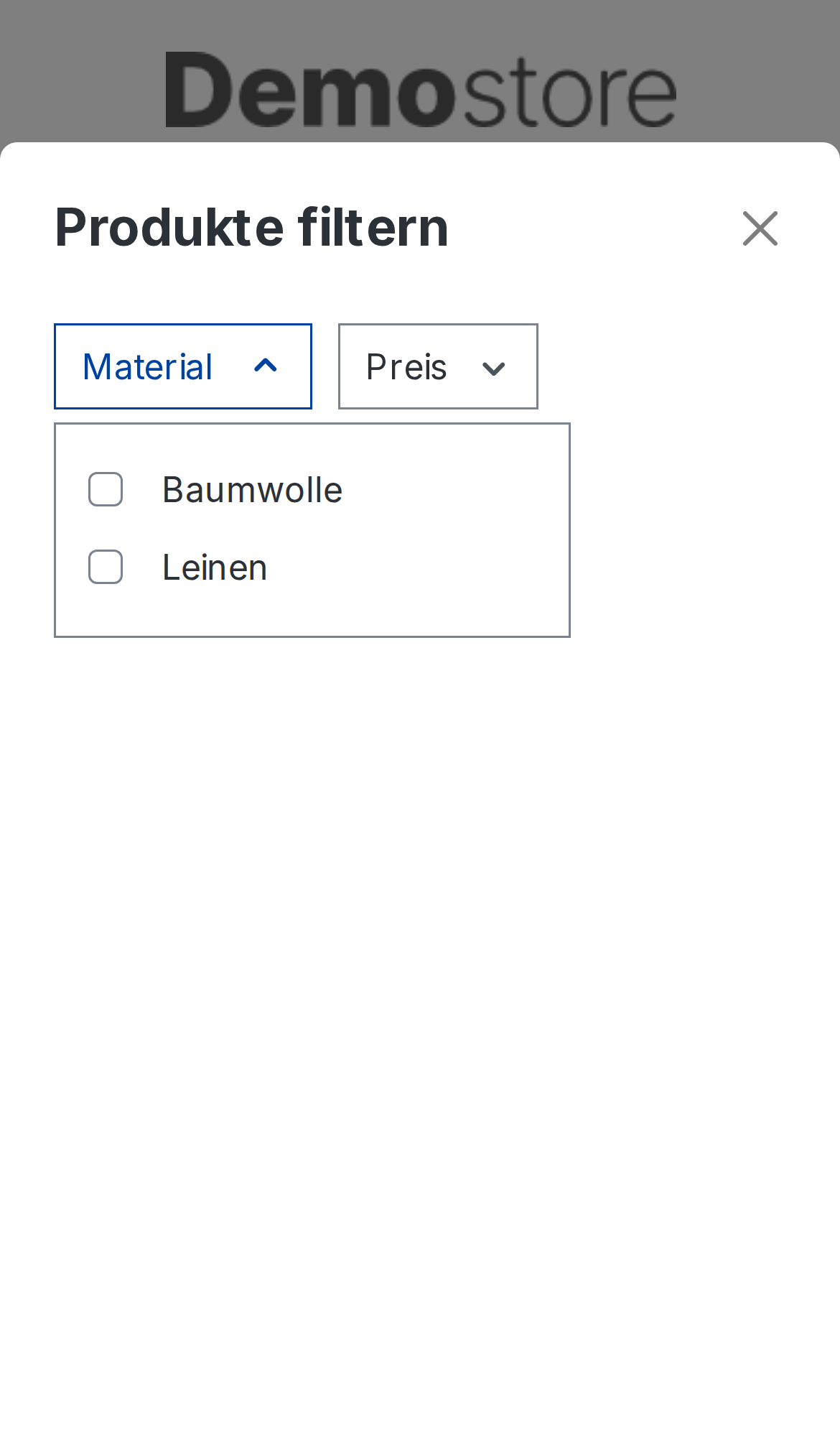 Mobiles Filterpanel mit den nicht ausgewählten Werten Baumwolle und Leinen.
